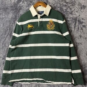 Vintage Polo Ralph Lauren Rugby Shirt Green Striped Lion Crest Custom Fit 2XL
